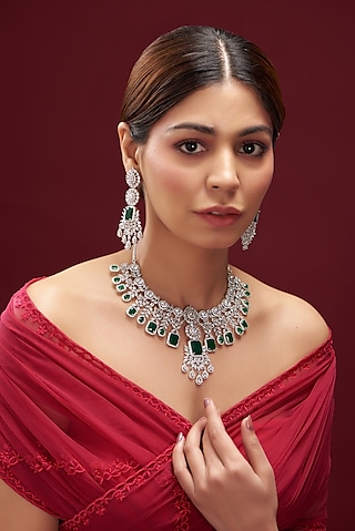 White Finish Emerald & Faux Diamond Necklace Set by Aster