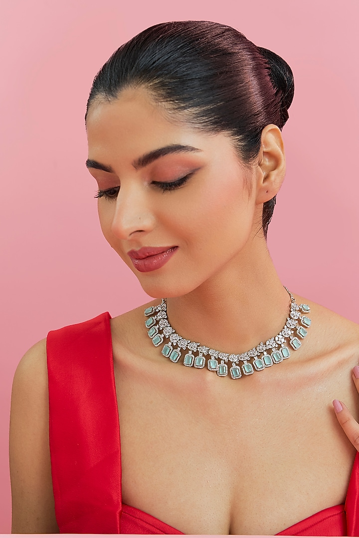 White Finish Zircon & Jade Green Stone Necklace by Aster at Pernia's Pop Up Shop