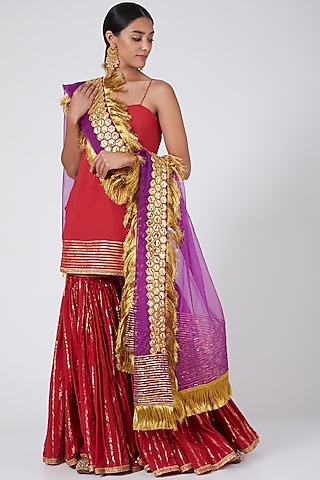 Red Cotton Malmal Embroidered Sharara Set by Ashna Vaswani