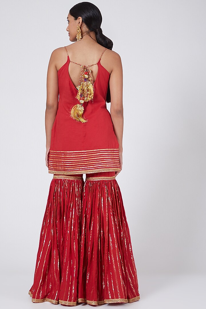 Red Cotton Malmal Embroidered Party Wear Sharara Set by Ashna Vaswani at Pernia's Pop Up Shop