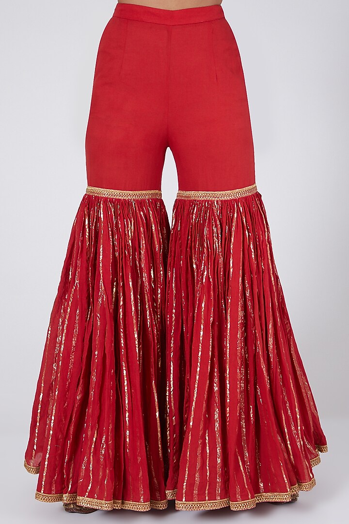 Red Cotton Malmal Embroidered Party Wear Sharara Set by Ashna Vaswani at Pernia's Pop Up Shop