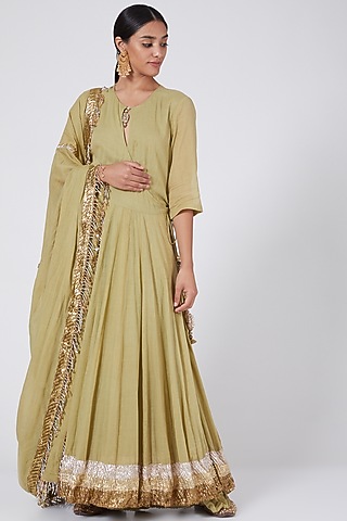 Olive Green Embroidered Angrakha Kurta Set by Ashna Vaswani