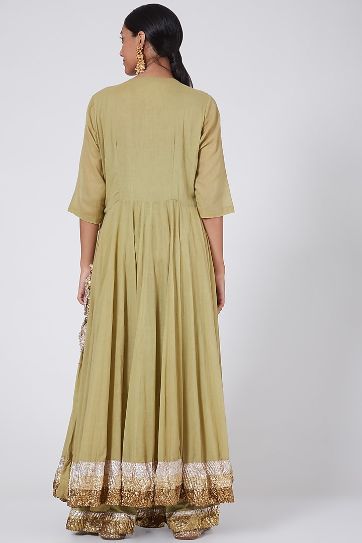 Olive Green Embroidered Angrakha Kurta Set by Ashna Vaswani at Pernia's Pop Up Shop