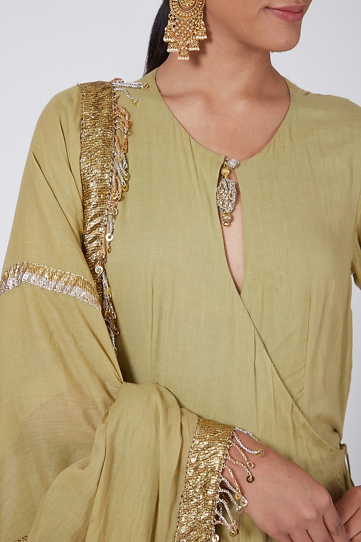 Olive Green Embroidered Angrakha Kurta Set by Ashna Vaswani at Pernia's Pop Up Shop