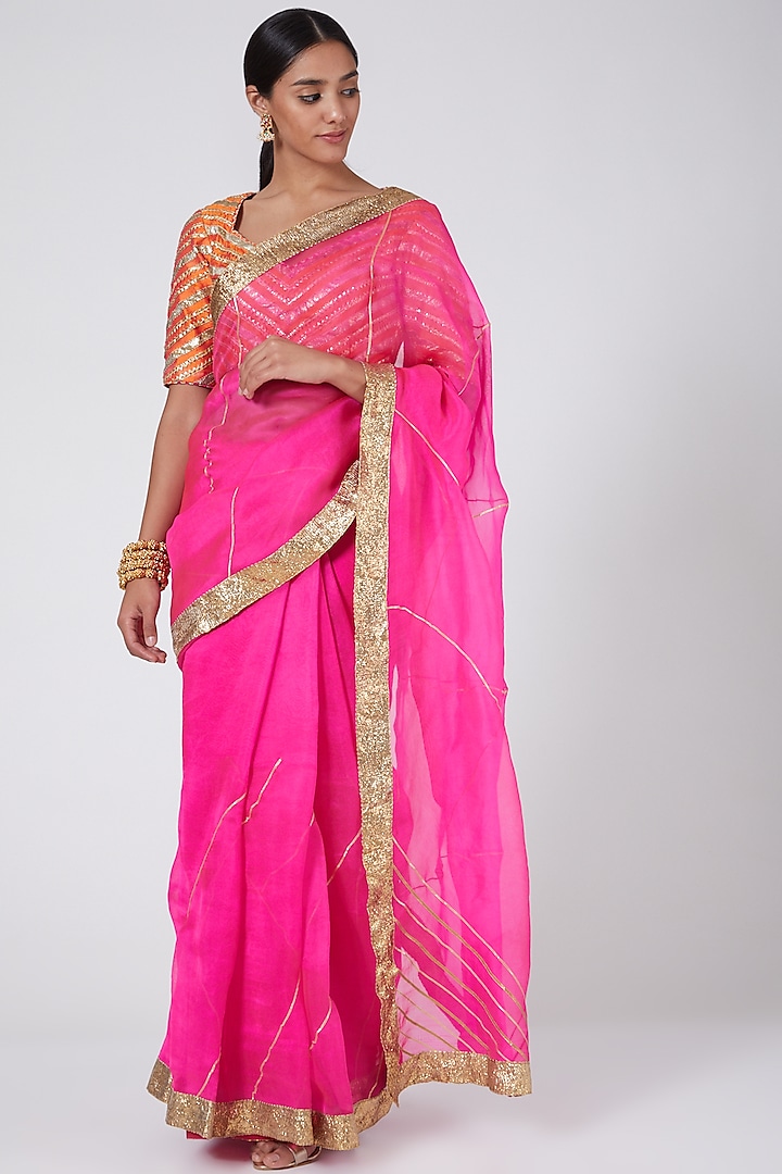 Neon Pink Saree Set With Gota Borders by Ashna Vaswani