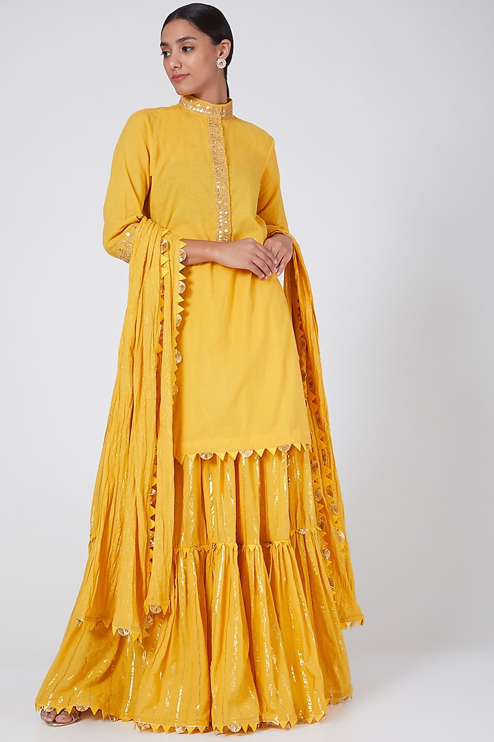 Yellow Layered Lehenga Set With Gota Work by Ashna Vaswani