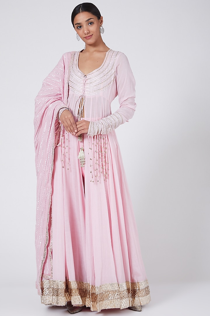 Blush Pink Anarkali Set With Gota Tassels by Ashna Vaswani