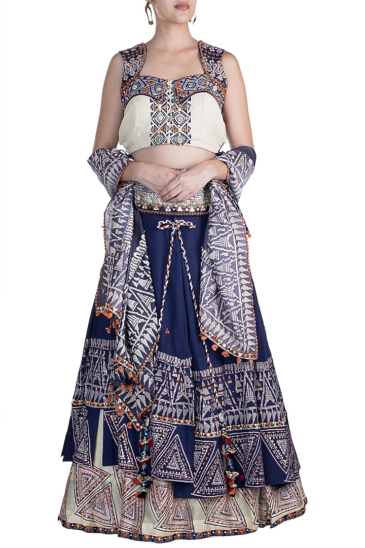 Cobalt Blue & Beige Embellished Printed Wedding Lehenga Set by Ashna Vaswani at Pernia's Pop Up Shop