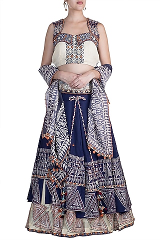 Cobalt Blue & Beige Embellished Printed Lehenga Set by Ashna Vaswani