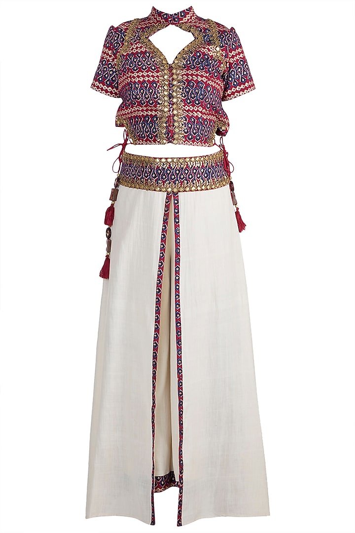 Maroon Embellished & Printed Corset Top With Beige Skirt Pants by Ashna Vaswani