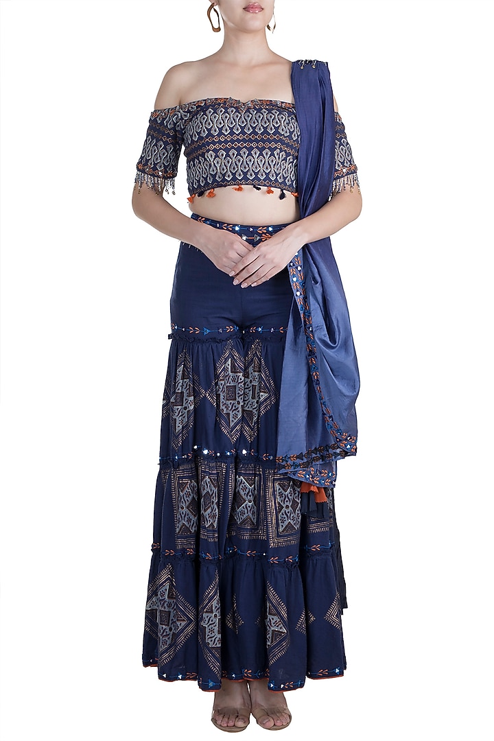 Cobalt Blue Embroidered & Block Printed Wedding Sharara Set by Ashna Vaswani at Pernia's Pop Up Shop