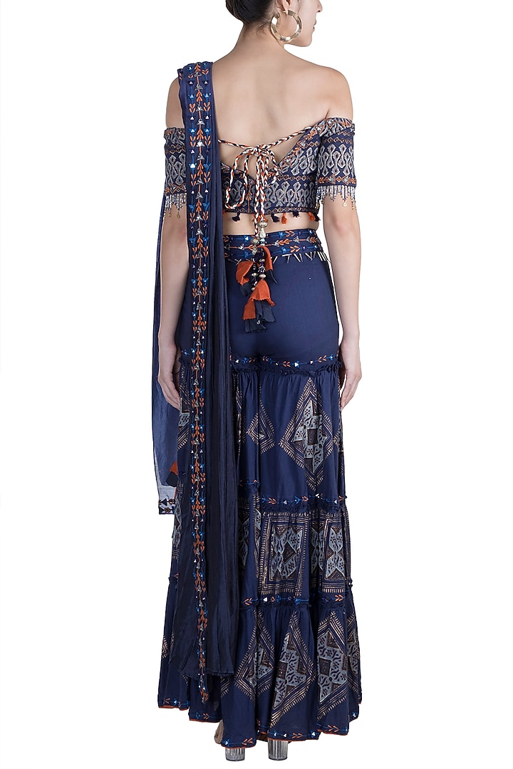 Cobalt Blue Embroidered & Block Printed Wedding Sharara Set by Ashna Vaswani at Pernia's Pop Up Shop