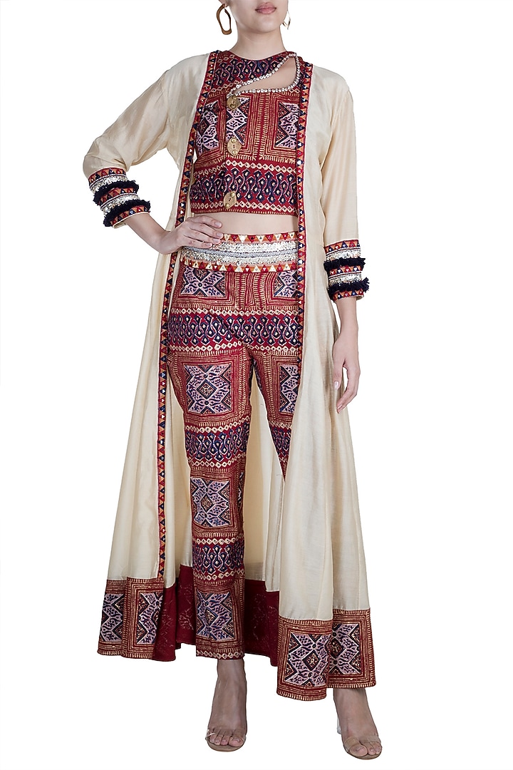 Maroon Embellished Printed Crop Top With Pants & Long Jacket by Ashna Vaswani at Pernia's Pop Up Shop