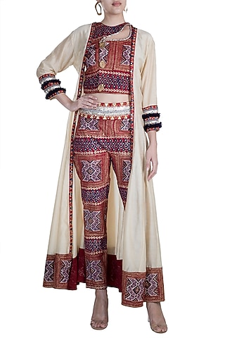 Maroon Embellished Printed Crop Top With Pants & Long Jacket by Ashna Vaswani