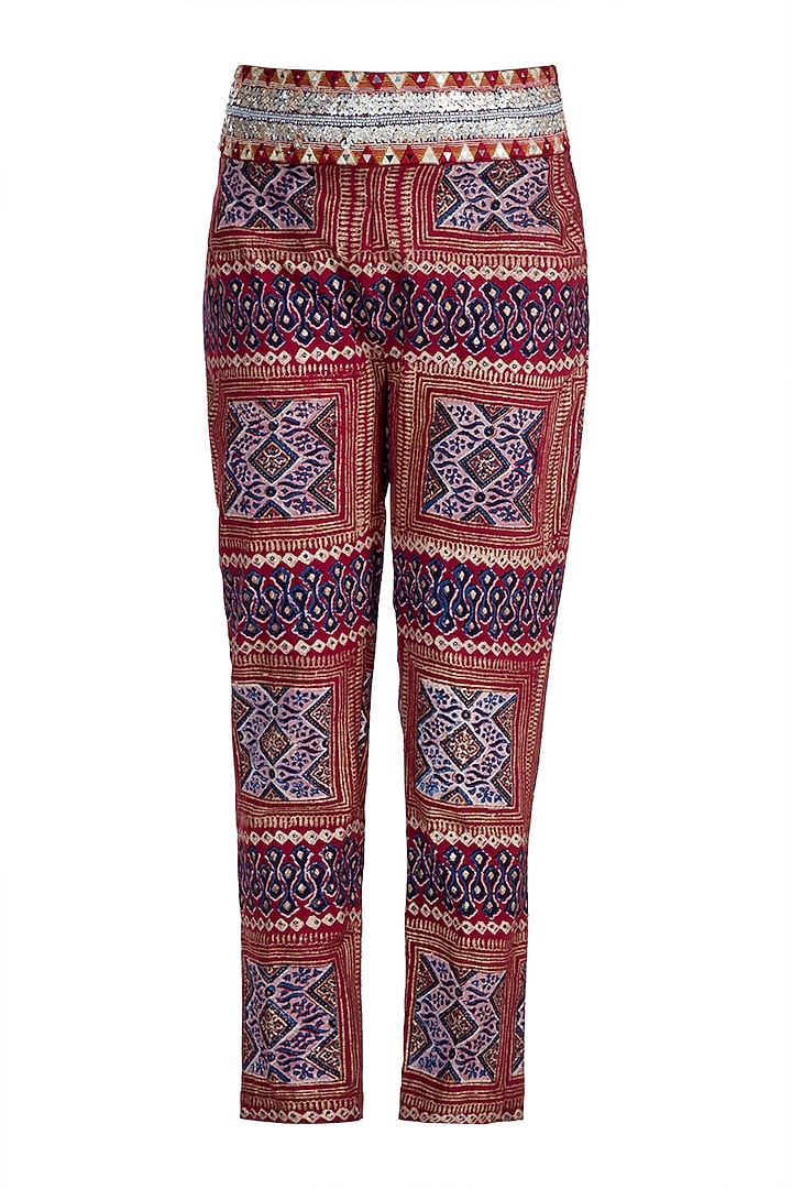 Maroon Embellished Printed Crop Top With Pants & Long Jacket by Ashna Vaswani at Pernia's Pop Up Shop