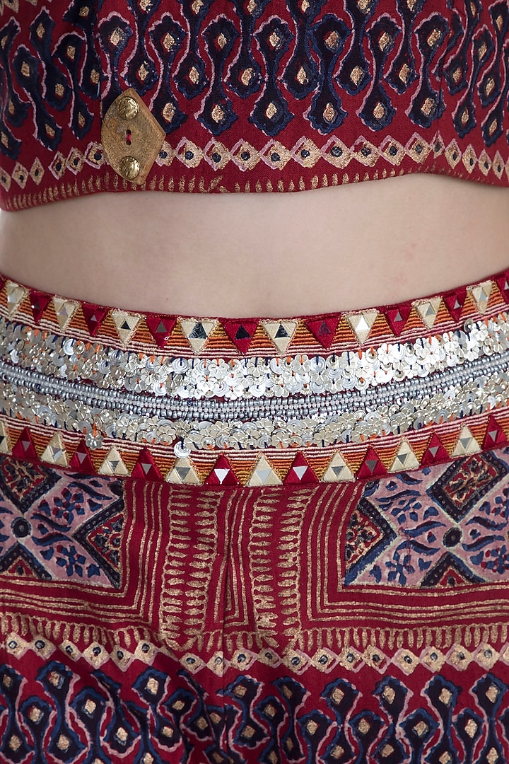Maroon Embellished Printed Crop Top With Pants & Long Jacket by Ashna Vaswani at Pernia's Pop Up Shop