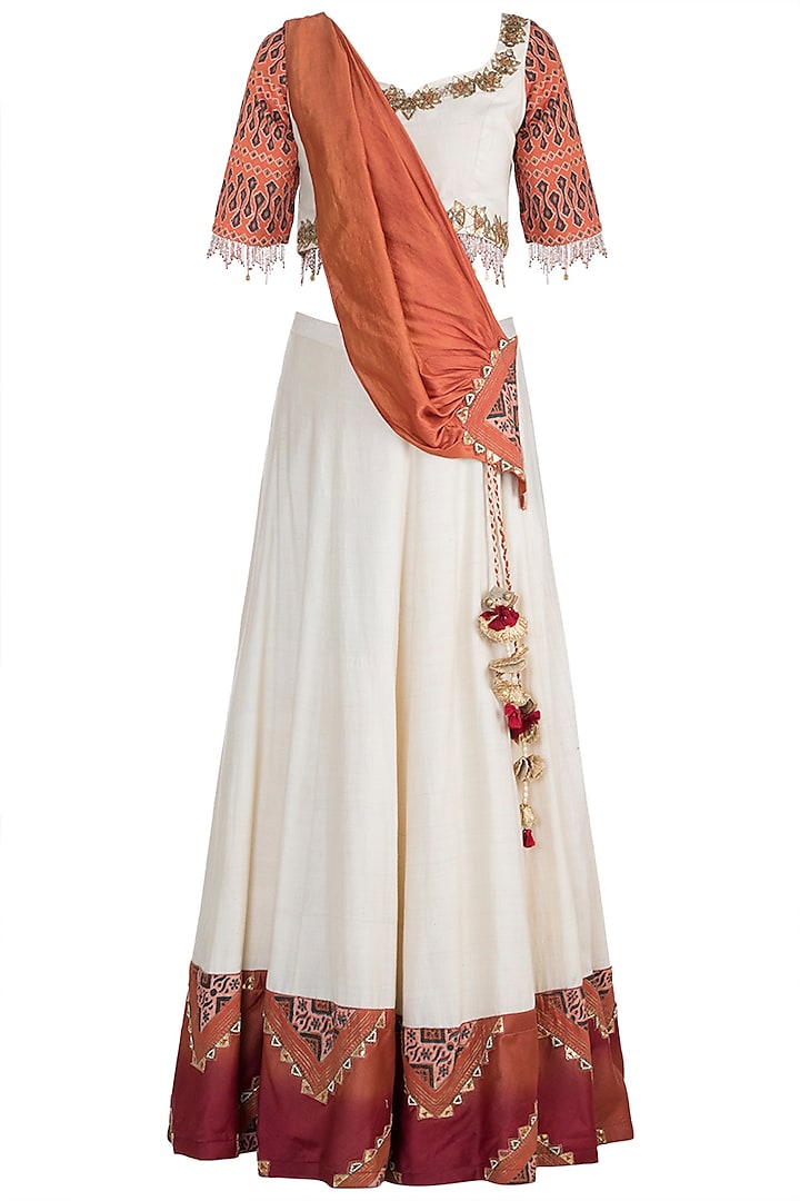Rust, Off White Embroidered Printed Blouse With Attached Drape & Skirt by Ashna Vaswani