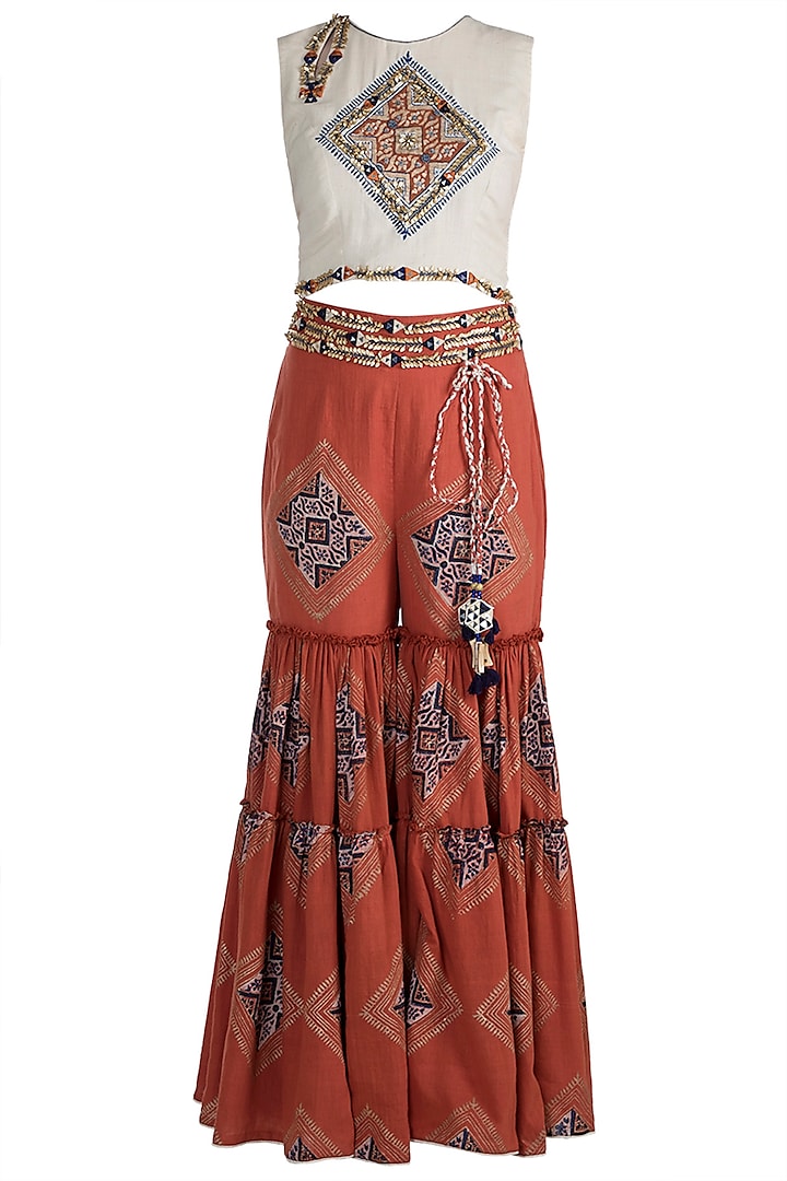 Beige Embellished & Block Printed Crop Top With Sharara Pants by Ashna Vaswani
