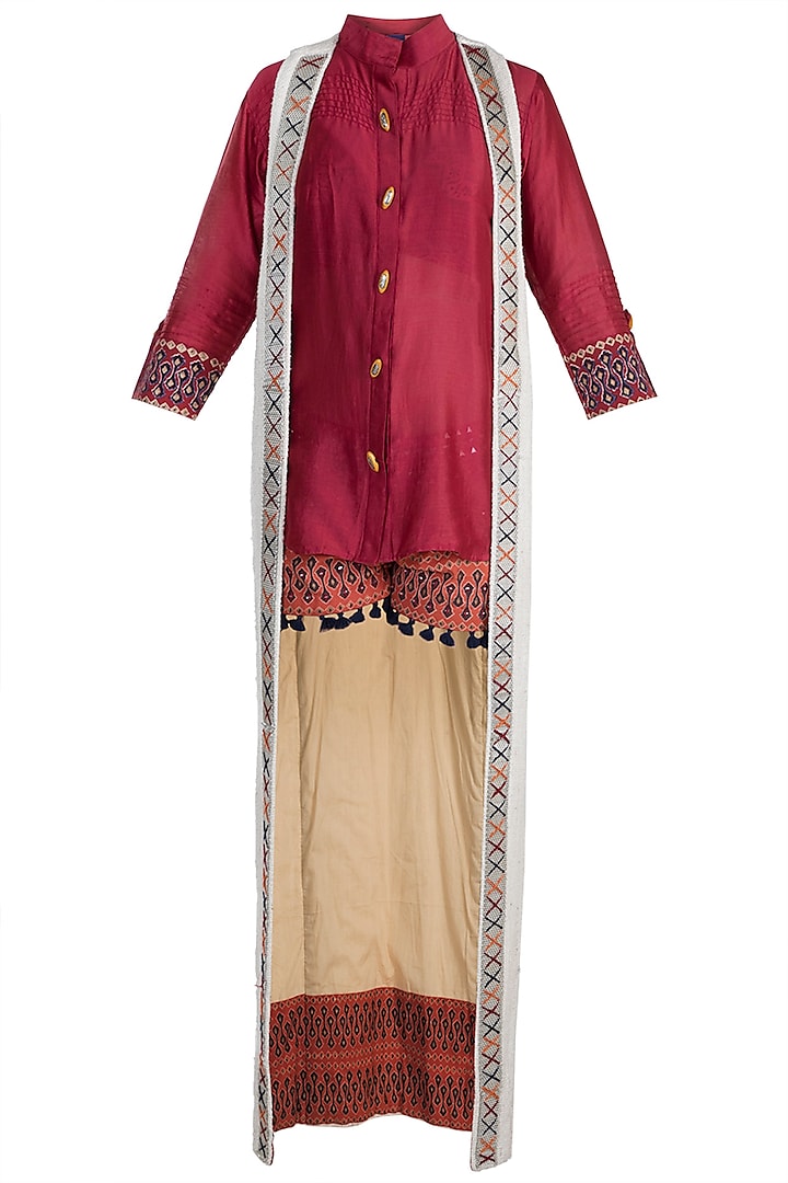 Maroon Shirt With Embellished Printed Shorts & Beige Long Shrug by Ashna Vaswani