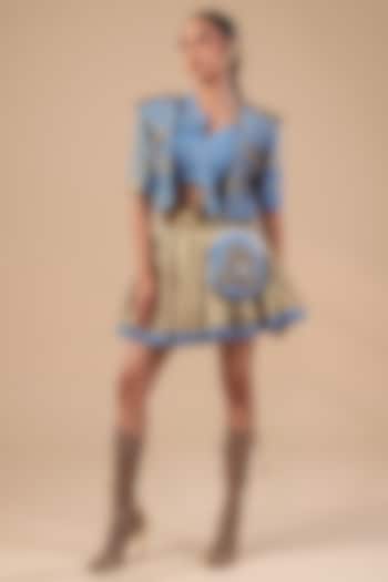 Blue & Gold Denim Hand Painted Jacket Set by Ashna Vaswani at Pernia's Pop Up Shop