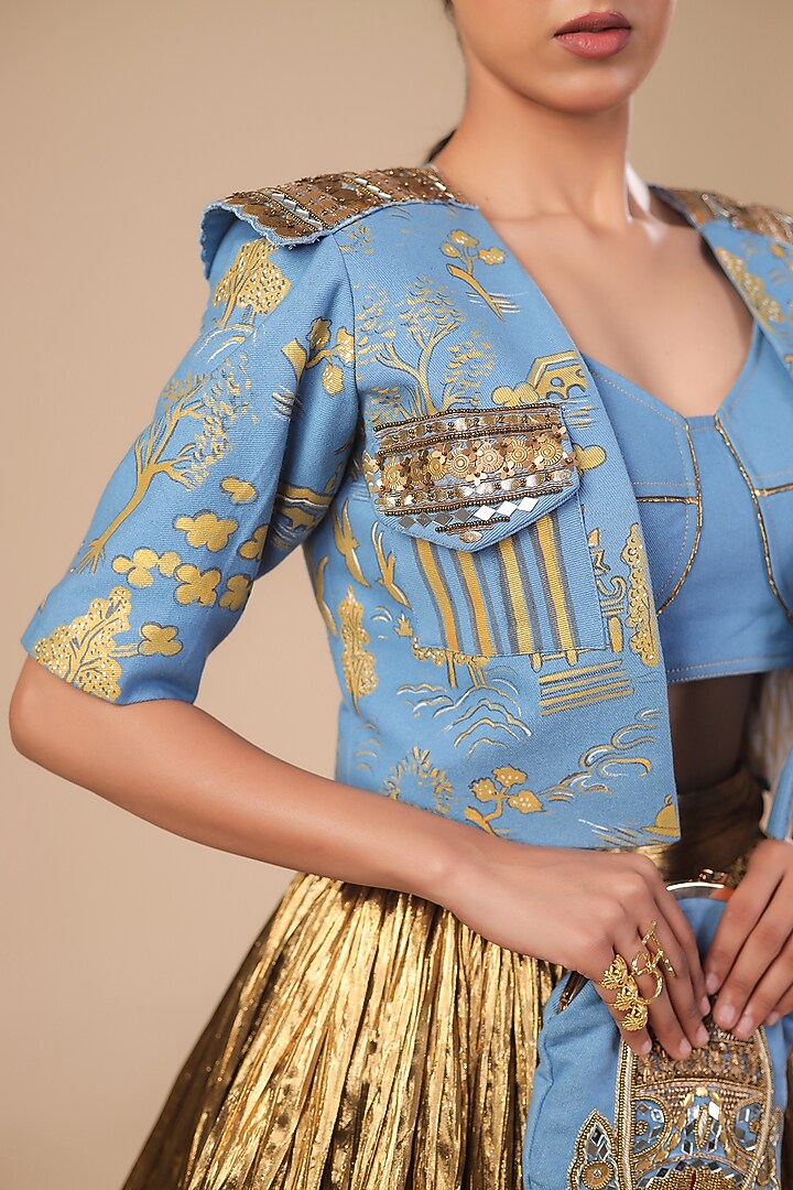 Blue & Gold Denim Hand Painted Jacket Set by Ashna Vaswani at Pernia's Pop Up Shop