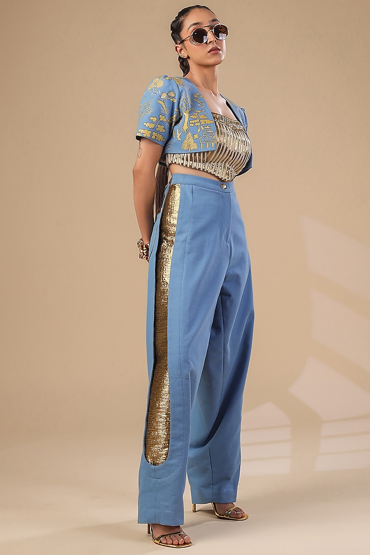 Blue Denim Hand Painted Jacket Set by Ashna Vaswani at Pernia's Pop Up Shop