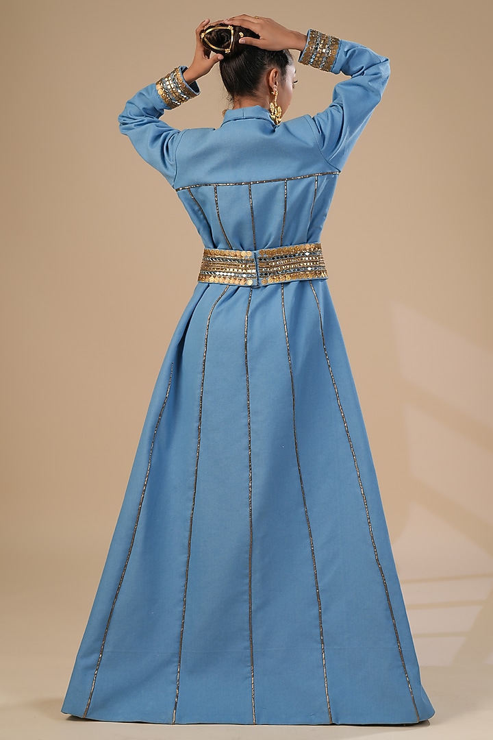 Ivory & Blue Kota Doria Hand Painted Jacket Vacation Dress by Ashna Vaswani at Pernia's Pop Up Shop