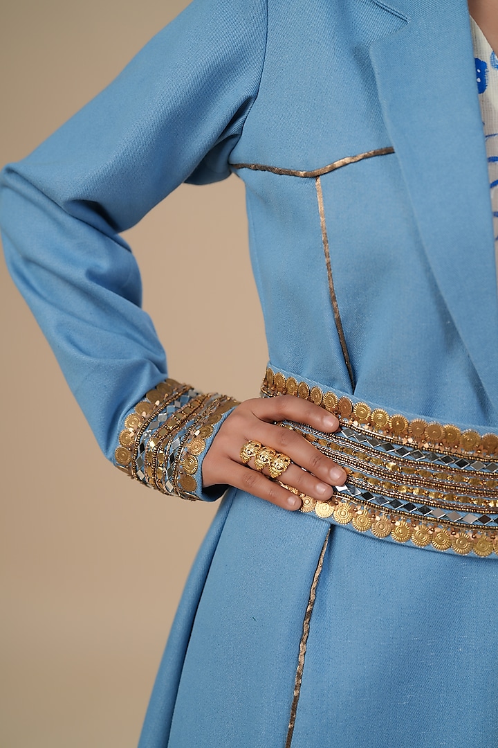 Ivory & Blue Kota Doria Hand Painted Jacket Vacation Dress by Ashna Vaswani at Pernia's Pop Up Shop