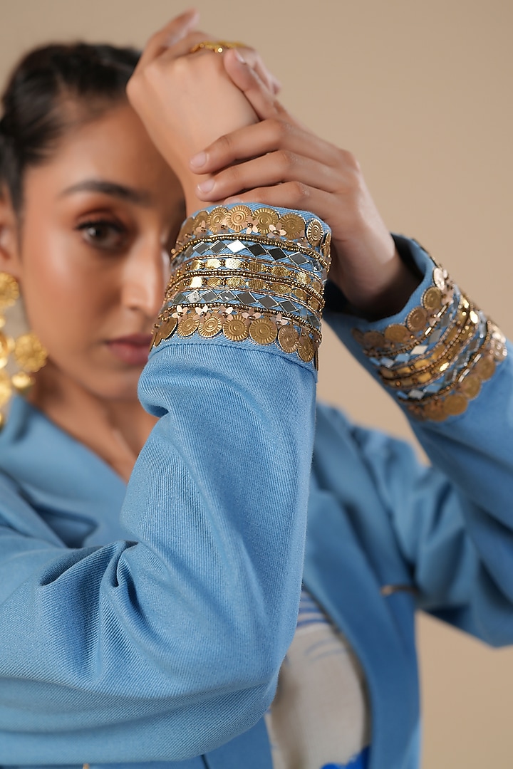 Ivory & Blue Kota Doria Hand Painted Jacket Vacation Dress by Ashna Vaswani at Pernia's Pop Up Shop