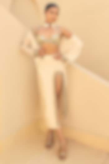 Ivory & Gold Satin Organza Coin Embellished Jacket Set by Ashna Vaswani at Pernia's Pop Up Shop