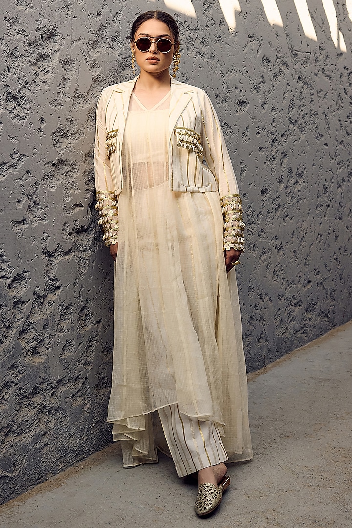Ivory Cotton Shell Coin Jacket Set by Ashna Vaswani at Pernia's Pop Up Shop