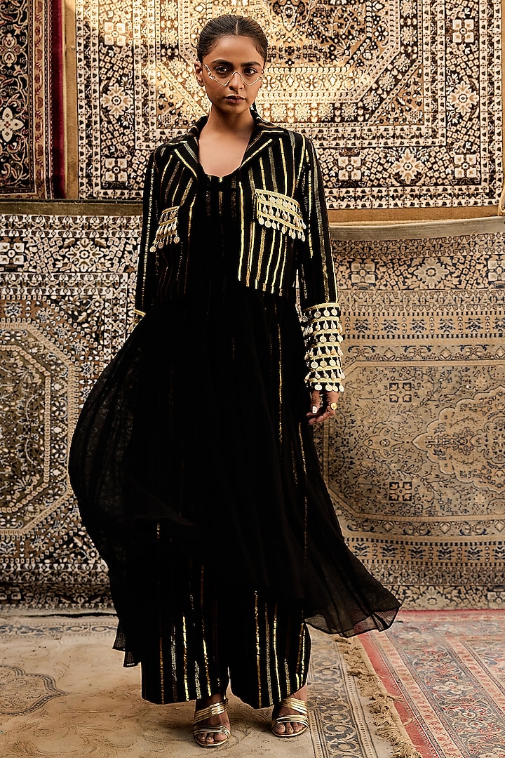 Black Cotton Shell Coin Jacket Set by Ashna Vaswani at Pernia's Pop Up Shop