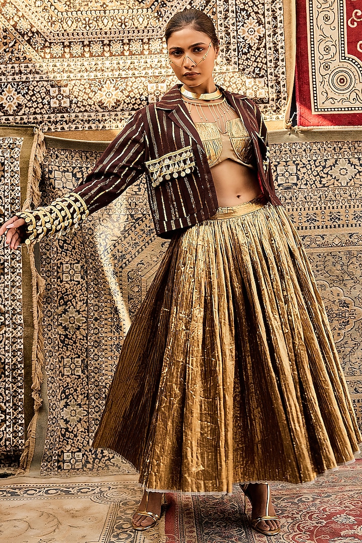Gold Silk Jacquard Crushed Skirt Set by Ashna Vaswani at Pernia's Pop Up Shop