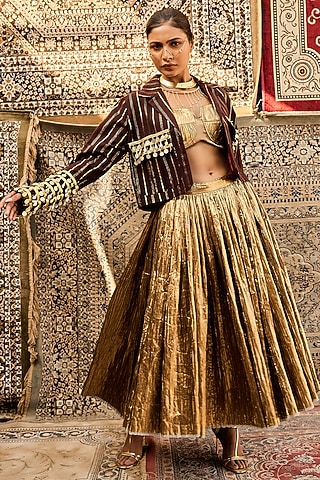 Gold Silk Jacquard Crushed Skirt Set by Ashna Vaswani