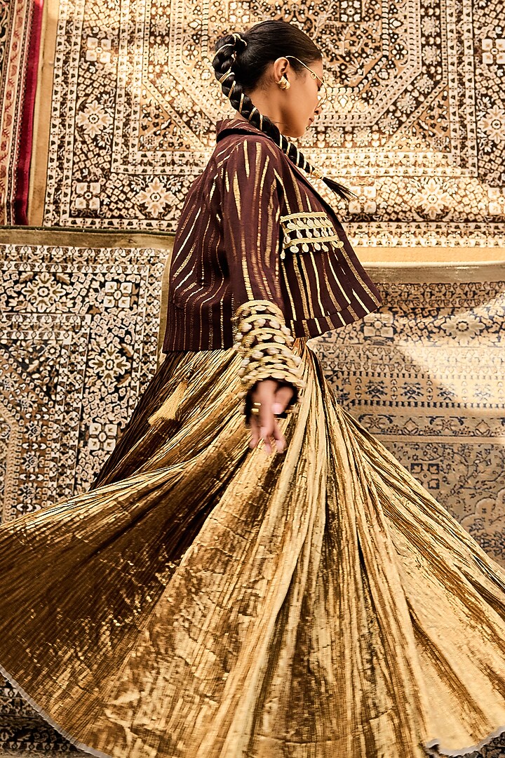Gold Silk Jacquard Crushed Skirt Set by Ashna Vaswani at Pernia's Pop Up Shop