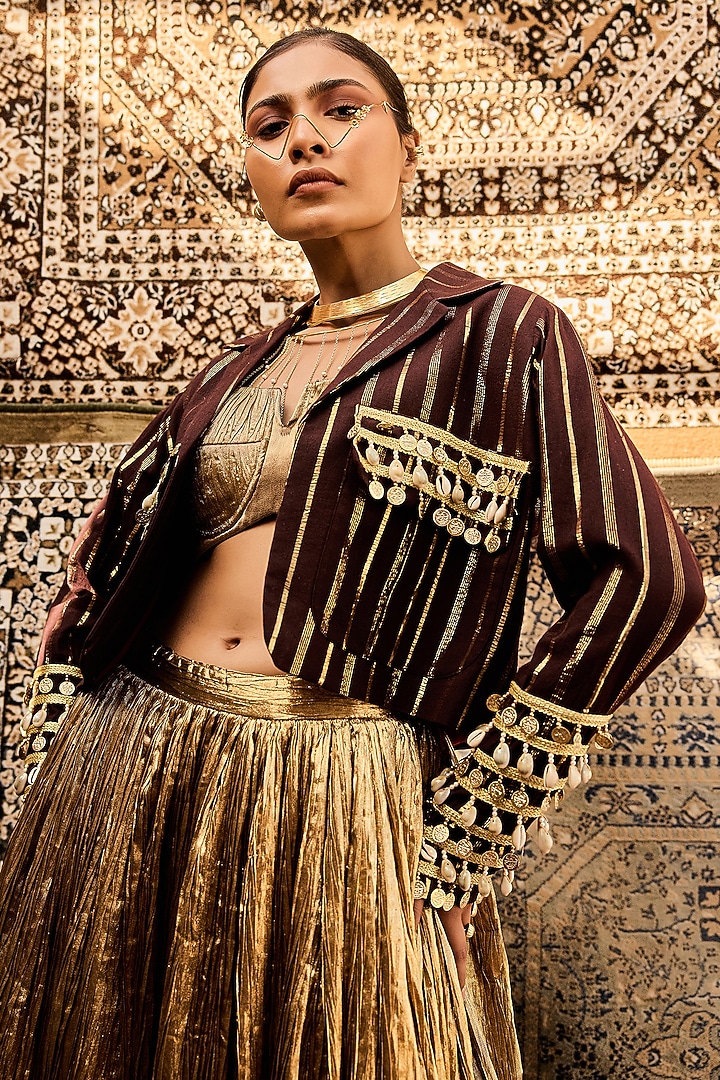 Gold Silk Jacquard Crushed Skirt Set by Ashna Vaswani at Pernia's Pop Up Shop