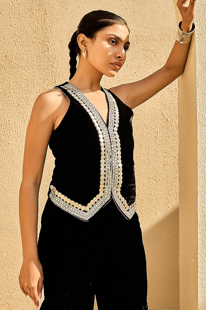 Black Velvet Coin Embellished Waistcoat Set by Ashna Vaswani at Pernia's Pop Up Shop