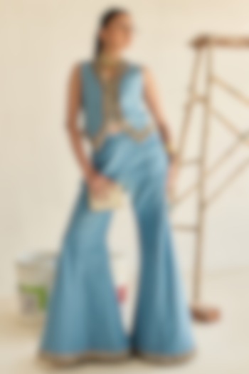 Blue Denim Coin Embellished Waistcoat Set by Ashna Vaswani at Pernia's Pop Up Shop