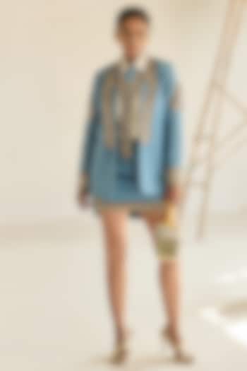 Blue Denim Coin Embellished Blazer Set by Ashna Vaswani at Pernia's Pop Up Shop
