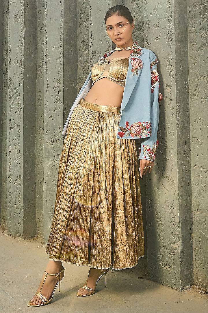 Gold Silk Jacquard Crushed Gathered Skirt Set by Ashna Vaswani at Pernia's Pop Up Shop