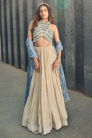 Ivory Mal Lehenga Set by Ashna Vaswani