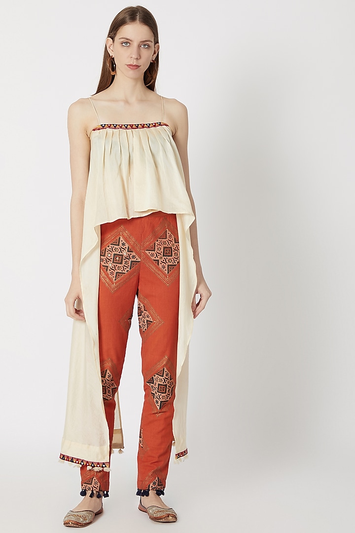 Beige Printed & Embellished Cape Top With Pants by Ashna Vaswani