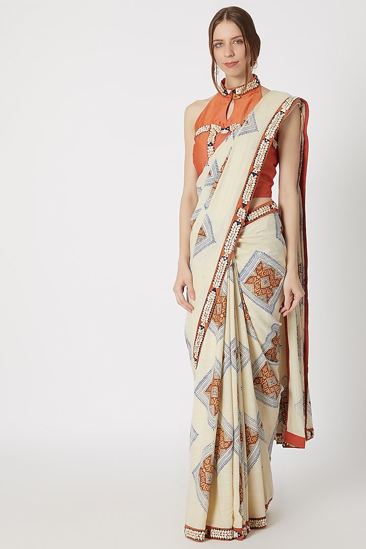 Beige Printed & Embellished Saree Set by Ashna Vaswani