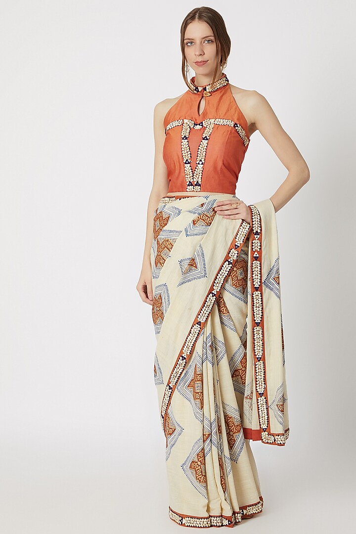 Beige Printed & Embellished Wedding Saree Set by Ashna Vaswani at Pernia's Pop Up Shop