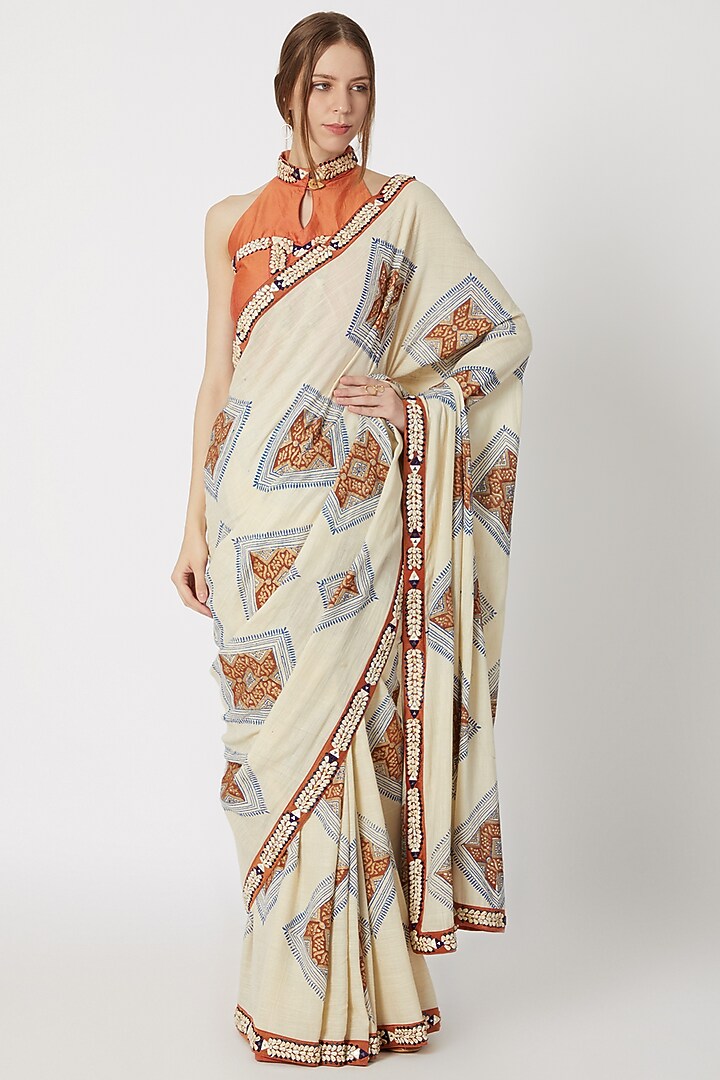 Beige Printed & Embellished Wedding Saree Set by Ashna Vaswani at Pernia's Pop Up Shop