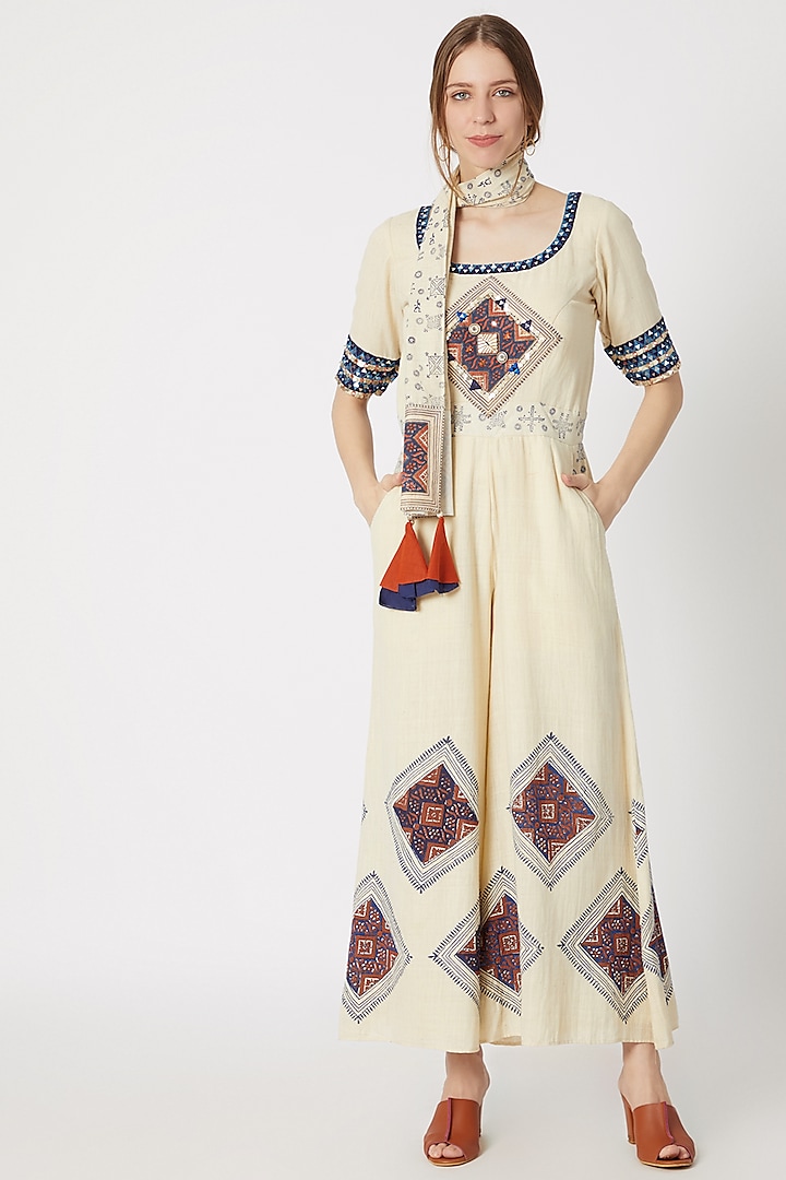 Beige Printed & Embellished Jumpsuit With Scarf by Ashna Vaswani