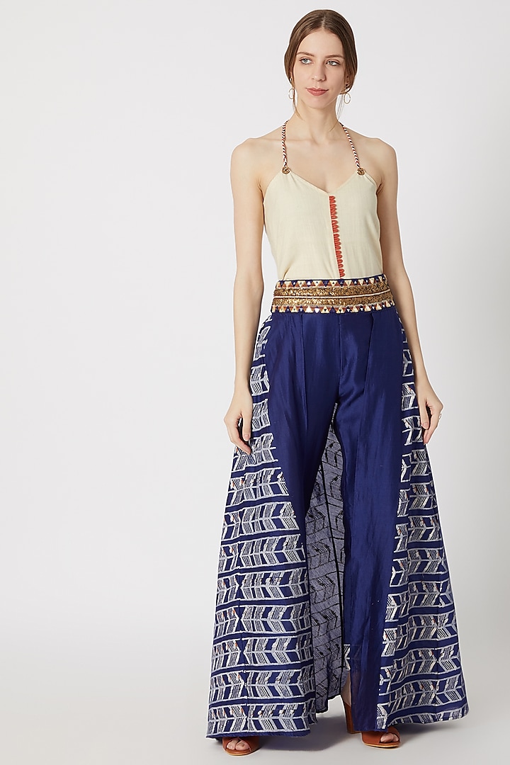 Beige Printed & Embroidered Bodysuit Top With Skirt Pants by Ashna Vaswani