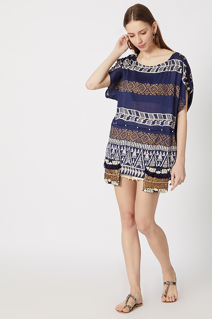 Cobalt Blue Printed & Embroidered Boxy Fit Top by Ashna Vaswani