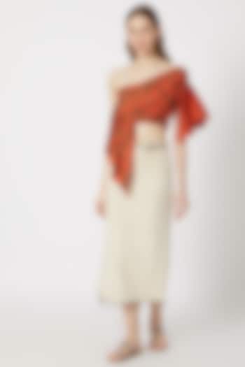 Rust Orange One Shoulder Top With Pencil Skirt by Ashna Vaswani
