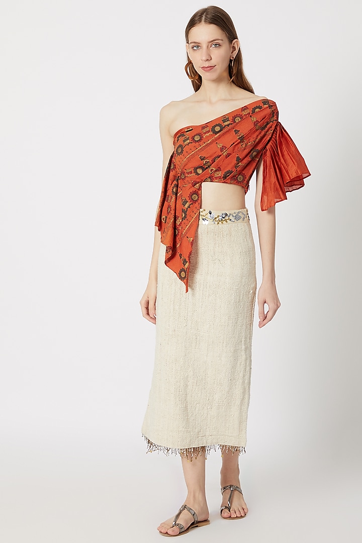 Rust Orange One Shoulder Top With Pencil Skirt by Ashna Vaswani